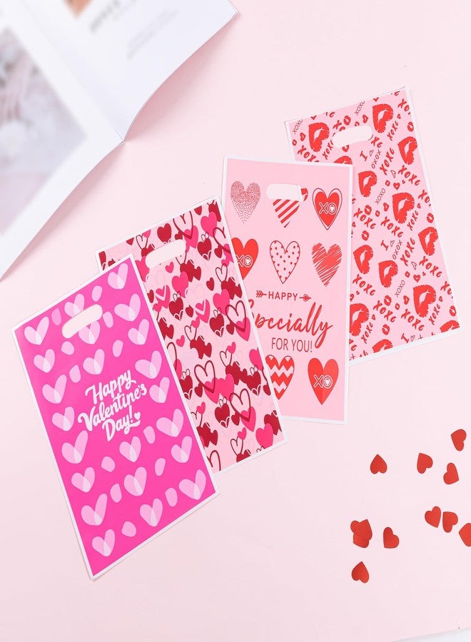 Jocomoni 100Pcs Valentine's Day Gift Bag Plastic Treat Bag with Handle Valentines Candy Bags Heart Goodie Bags for Valentine's Day Party Favor Supplies Classroom Gift Exchange - Image 4